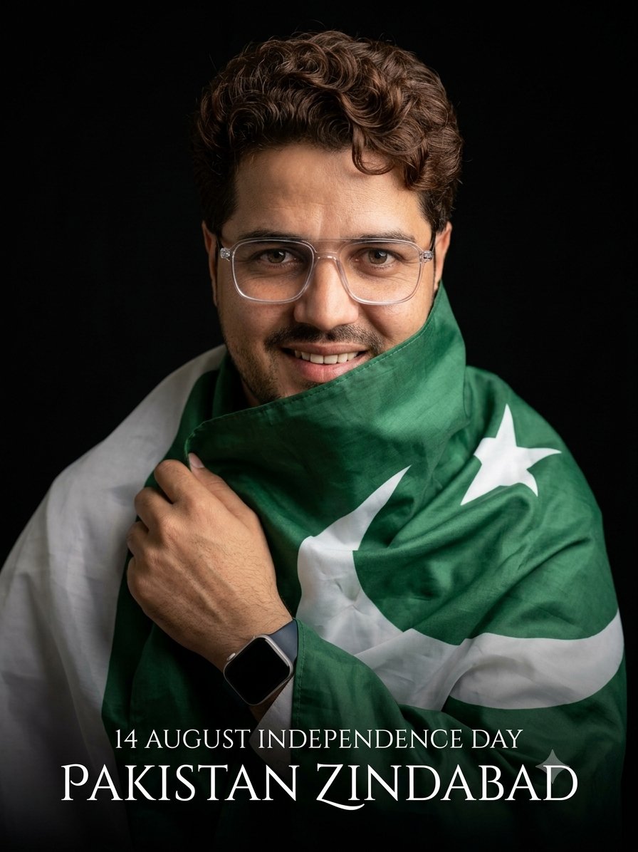 LocalPrince235's tweet photo. 14 august Independence
Pakistan Zindabad
Prompt
"A photorealistic, emotional portrait of a young Pakistan Boy a well groomed and stylish brown hair. She is wrapped in the flag of Pakistan, she is wearing a smartwatch and a glasses with the white fabric partially covering her face https://t.co/4RfbMwBuQ0