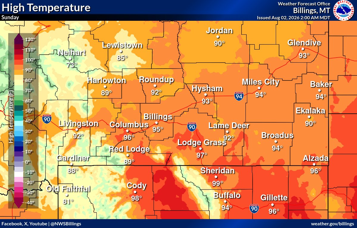 NWSBillings's tweet photo. 8/2 5am: Hot and dry again today, with a couple of cold fronts (this morning and evening) stirring up the winds at times. This will keep critical fire weather conditions going today. Tonight's cold front will usher in much cooler air for Monday/Tuesday. #MTwx #WYwx https://t.co/5RroYo4ENZ