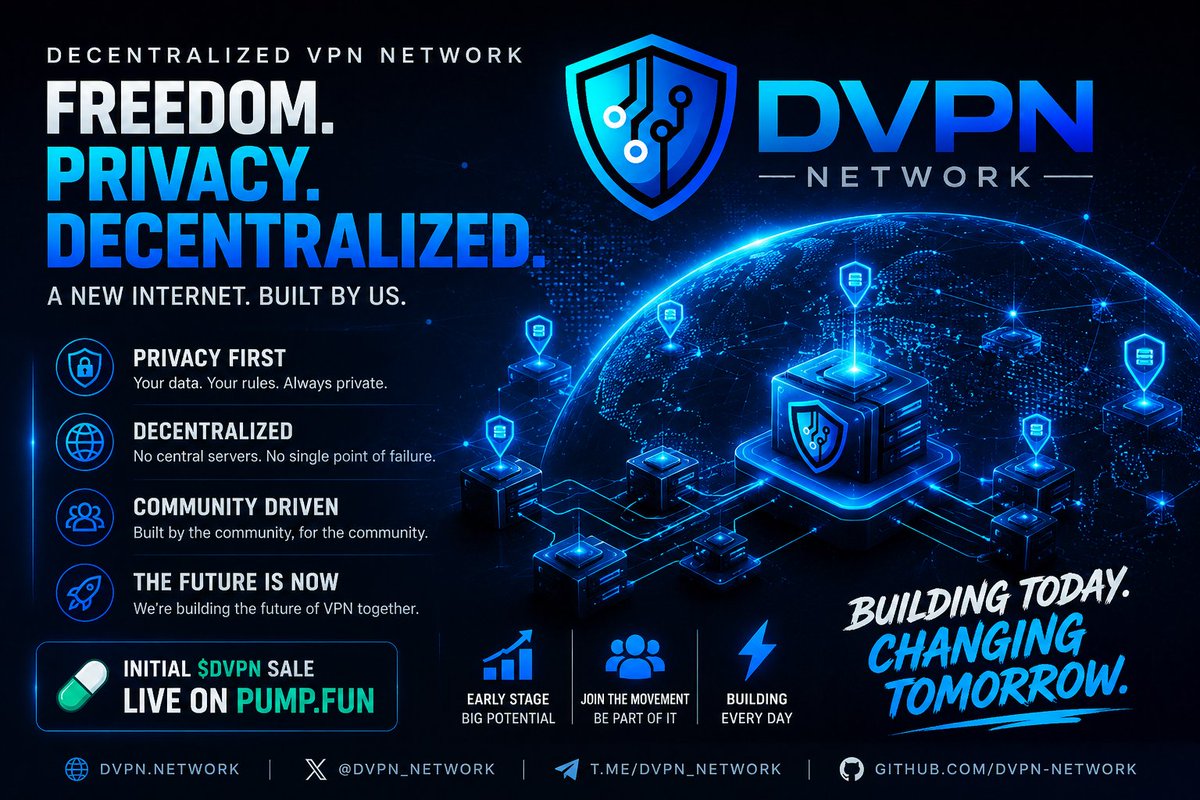 DVPNNet's tweet photo. 🚀 Initial $DVPN sale is LIVE on https://t.co/BLyQXtPlPv!

While the bonding curve is still open, we're building nonstop. Staking, rewards, relay nodes, and the entire DVPN ecosystem are moving forward every day.

See: https://t.co/fTweXLxmq1 https://t.co/uw4EEtqAhd