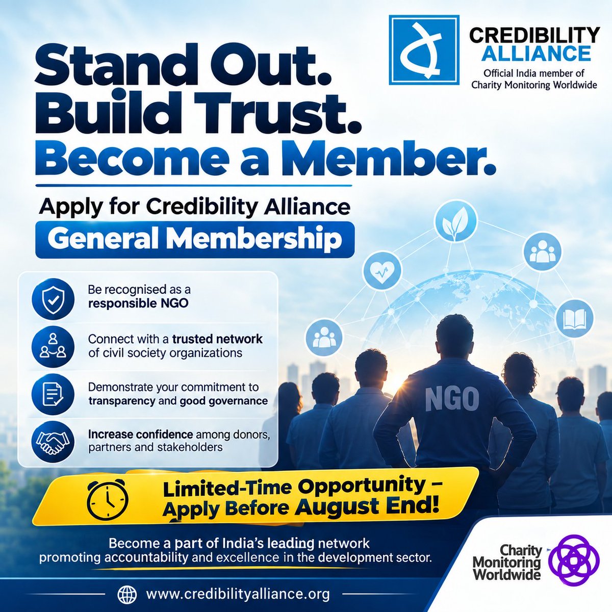 CredibilityA's tweet photo. Join the Credible NGO Network!
Limited-Time Membership Opportunity – Apply Before August End!
📩 Apply Now
🌐 https://t.co/4URylEzye4
#CredibilityAlliance #GeneralMembership #NGOs #Transparency #GoodGovernance #TrustMatters #NonprofitSector #ApplyNow https://t.co/6rSWI7soH2