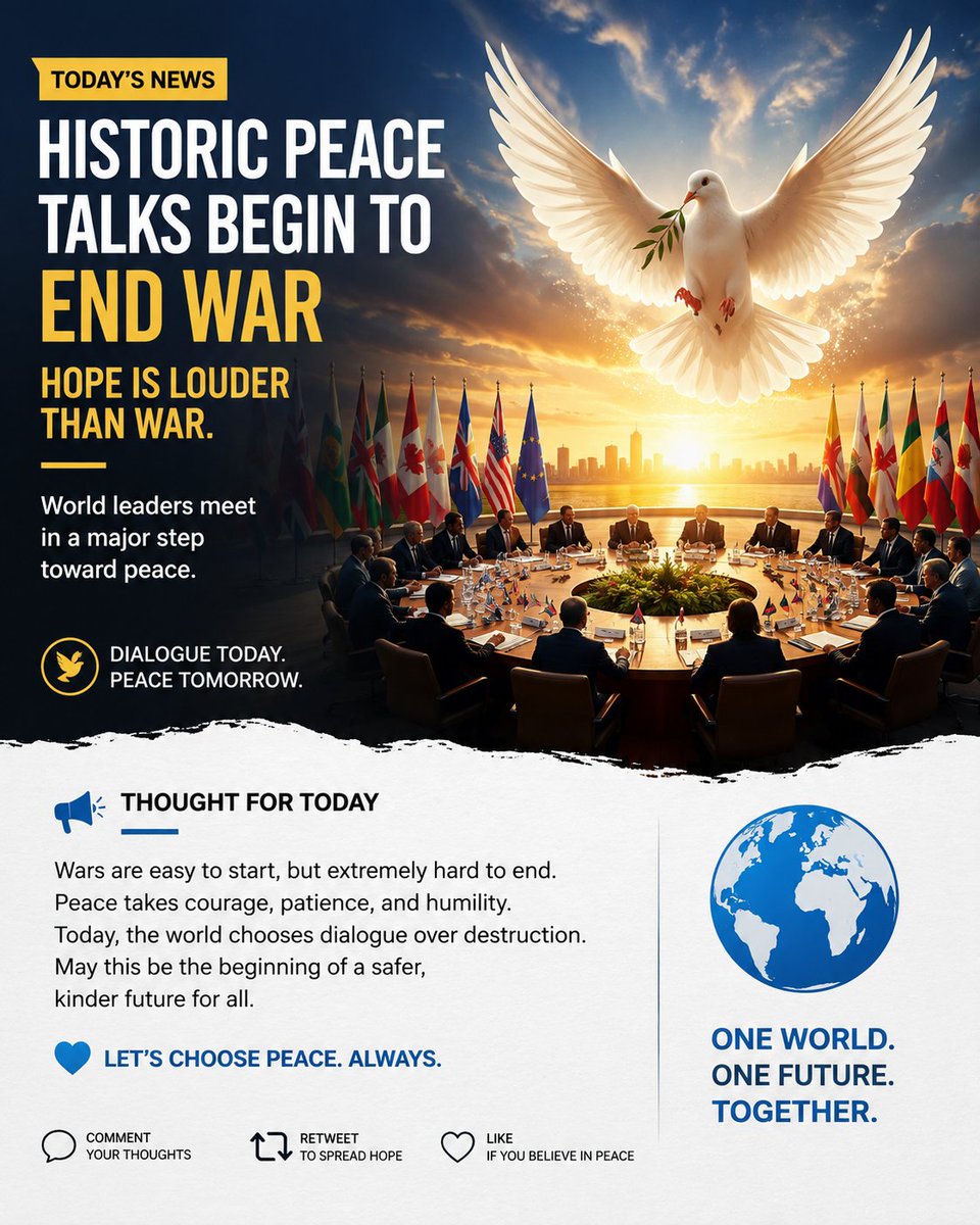 teg_147's tweet photo. Hope Is Louder Than War.
Wars can begin in moments, but peace takes courage, patience, and the willingness to listen.
Every conversation that replaces conflict is a step toward a better future. The world doesn't change because people wait—it changes because people choose hope over hatred.
One world. One future. Together.
What do you think is the most important step toward lasting peace?
#Peace #WorldNews #Hope #Humanity #Dialogue