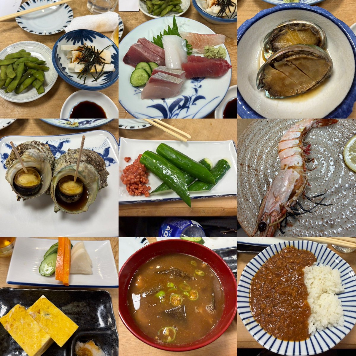Legosw's tweet photo. 一月家

伊勢の居酒屋

枝豆
長芋のたんざく
刺身盛り合わせ
とこぶし
サザエの塩焼き
モロキュー
車海老の塩焼き
漬物盛り合わせ
たまご焼き
盆汁(夏野菜の赤出汁)
カレーライス
生ビール
レモン酎ハイ
緑茶ハイ

酎ハイが濃くて酔う
料理はどれも美味しかったし、会計が優しい https://t.co/Ug9on2rWwh
