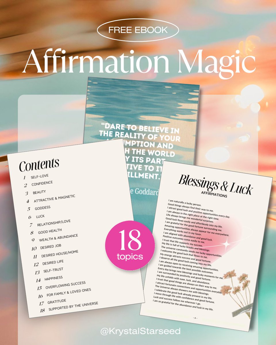 KrystalStarseed's tweet photo. ✨ FREE ✨

I'm giving away copies of my Affirmation Magic ebook to 12 followers 💖

To enter:
🔁 Share this post
💬 Reply with the area of your life you'd like affirmations for (love, wealth, confidence, career, etc.)

Will connect with the selected followers through DM 💌 https://t.co/kCTFDFdR4G
