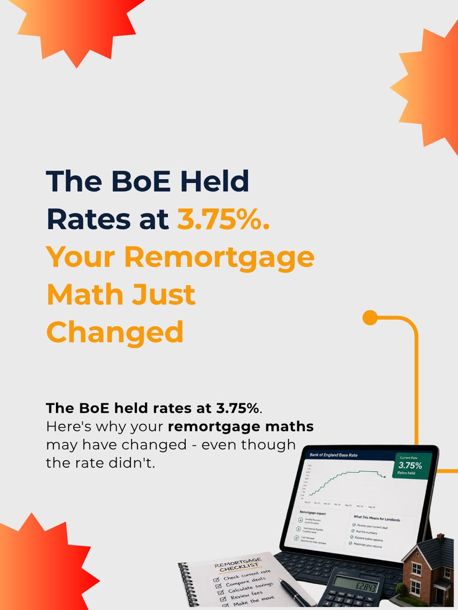 Lendlord3's tweet photo. The Bank of England held the Bank Rate at 3.75% - but that doesn't mean your remortgage options have stayed the same.

Swipe through the key takeaways. Read more in the full article on Lendlord 👉 https://t.co/IPO4zWg12n https://t.co/bJkOdmhr7b