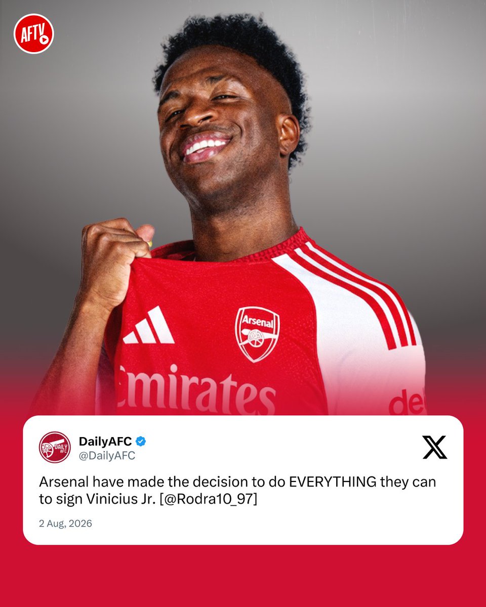 AFTVMedia's tweet photo. ⛓️‍💥 The situation between Vinícius Jr and Real Madrid has taken a major turn. According to reliable reports, the Brazilian winger is no longer interested in renewing his contract, bringing all extension negotiations to a complete halt.

Arsenal are keeping a very close eye on this developing situation and have internally decided to push with everything they have to secure the blockbuster signing of the Brazilian superstar. 🌟