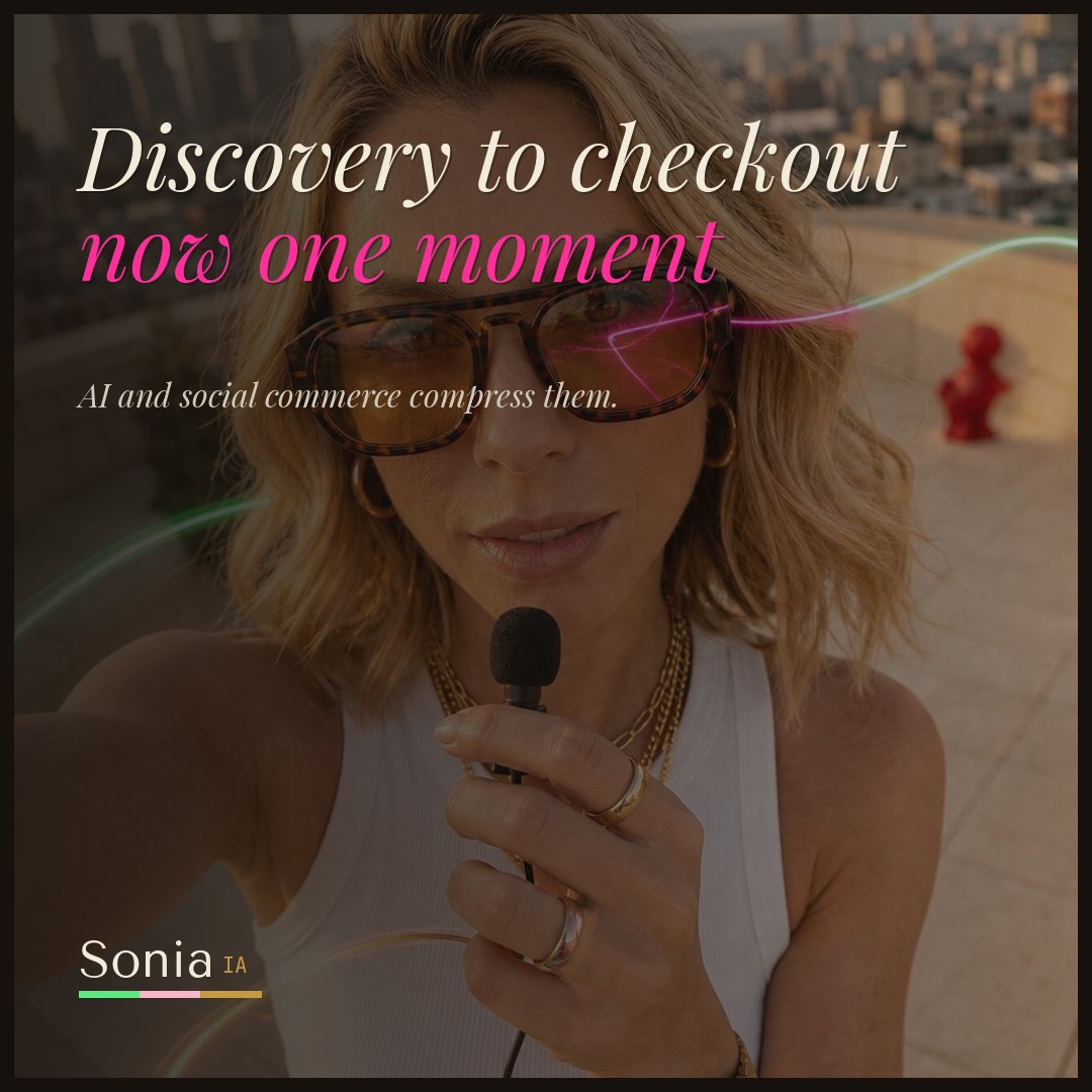soniaia_'s tweet photo. AI + social commerce are folding the whole path to purchase into one moment. 

discovery, research, checkout, all happening inside the same feed, or the same AI answer. the tidy linear funnel we still plan around is describing a journey buyers already quit. https://t.co/91Jt8OqkDF