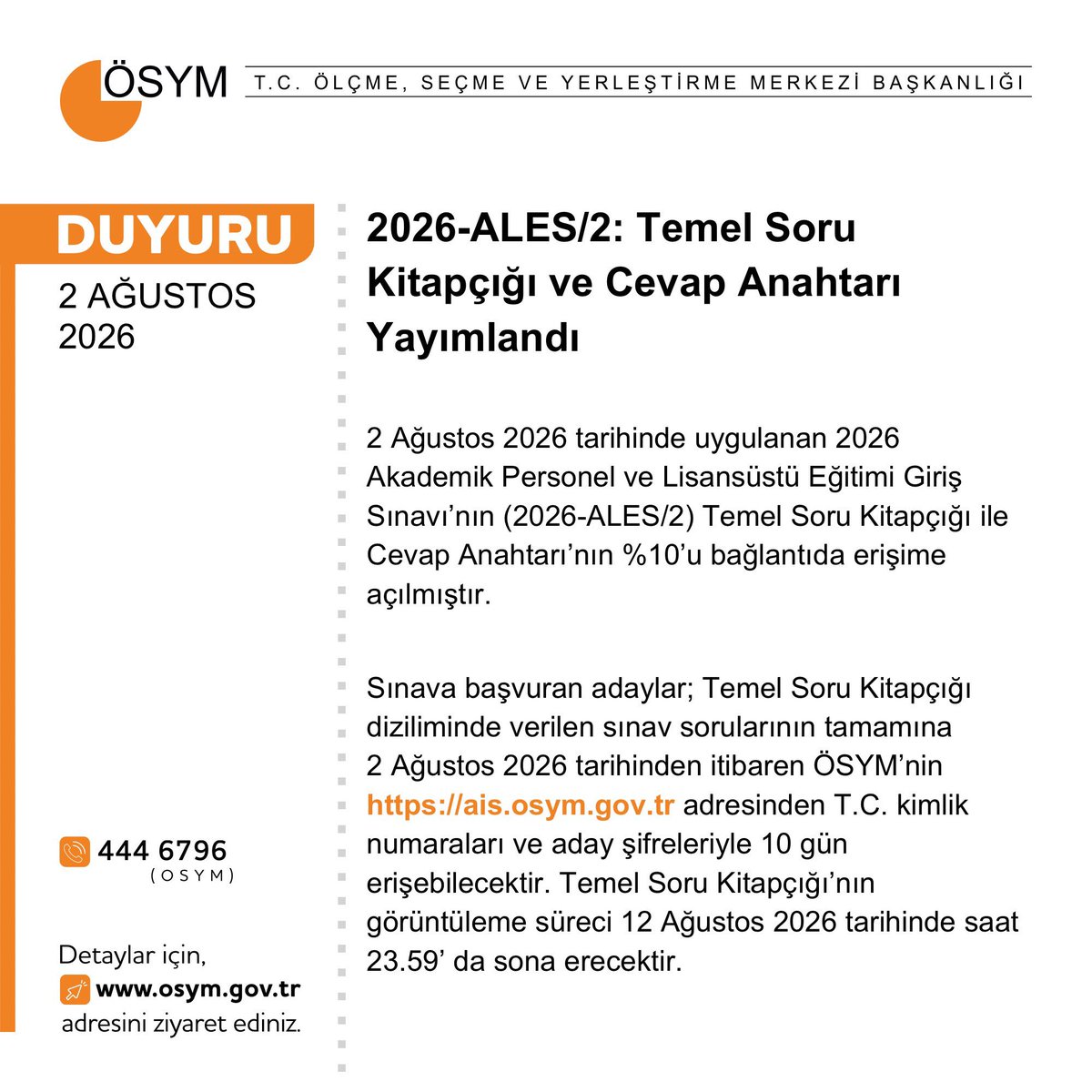 OSYMbaskanligi's tweet photo. 2026-ALES/2: Temel Soru Kitapçığı ve Cevap Anahtarı Yayımlandı

https://t.co/ZXTdwhNCTW https://t.co/KoLbDTErzr