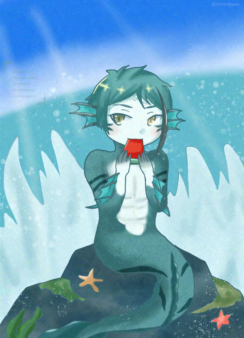 watanogama's tweet photo. 今週の〜1枚！
人魚座りしてスイカ食べる🐬さん🍉
(スイカは陸の人からもらった) https://t.co/3tGixzuuT5