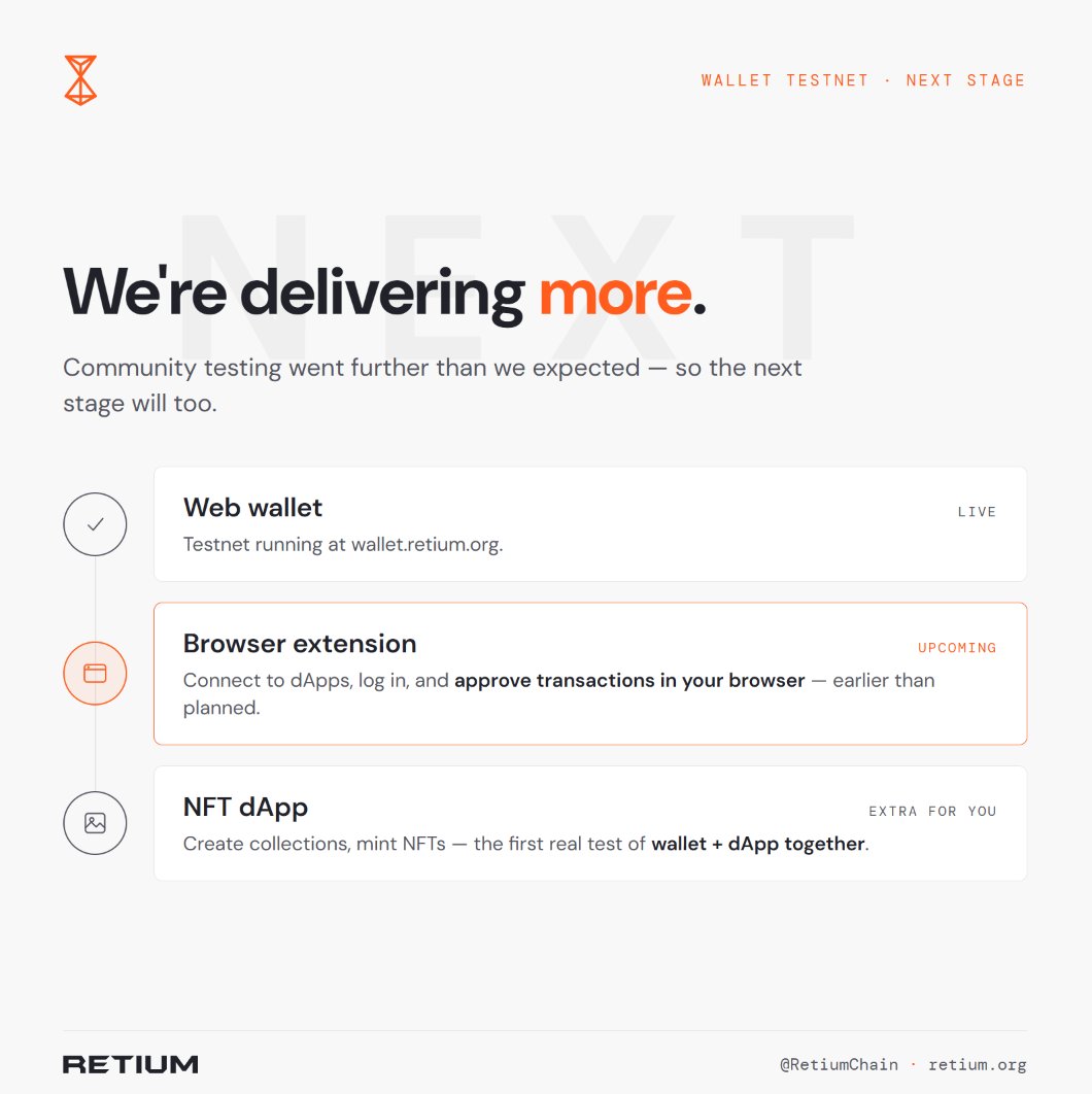 RetiumChain's tweet photo. Retium Wallet Testnet, Next Stage

The response to the Retium Wallet Testnet has been stronger than we expected. The level of interest, activity and genuinely useful testing from the community has encouraged us to take the next stage further than originally planned.

Instead of stopping with the web wallet, we have decided to bring forward the release of the Retium Wallet browser extension, giving the community access to something that was not originally promised at this stage.

Similar to MetaMask, the extension will allow users to connect their Retium wallet to dApps, log in and approve transactions directly through the browser.

But releasing the extension on its own would not give users much to properly test, because its real purpose is to interact with applications built on Retium.

For that reason, we are now preparing to go one step further and releasing an NFT dApp alongside the extension. This would allow users to connect their wallet, create collections, mint NFTs and test real interactions between the wallet and a live Retium-based application.

This was not part of the original first-stage plan, but the support from the community has pushed us to move faster and deliver more. 

Stay tuned for more details...