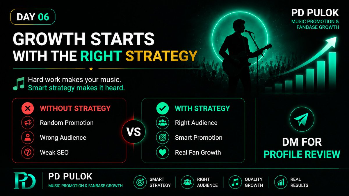 Pdpulokroy's tweet photo. Talent creates music. 🎵
Strategy creates growth.

Artists grow faster with:

✅ Right audience
✅ Smart promotion
✅ YouTube SEO
✅ Real fan growth

Views are temporary. Fans build careers.

DM for a profile review.

#MusicPromotion #ArtistGrowth #YouTubeSEO #PDPulok https://t.co/WLAwTivnSm