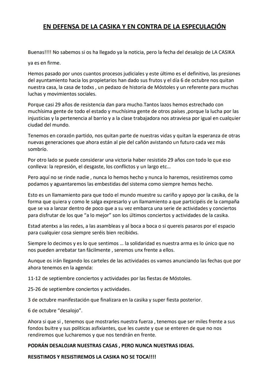 MadresCR's tweet photo. Ganó la especulación, ya es firme la fecha de desalojo de La Casika, la casa de todxs y un referente de luchas y mmss. Tras 29 años, será el 6 de octubre. Habrá actividades y conciertos de despedida que empiezan el 11-12 septiembre. https://t.co/vu6MLczwoA