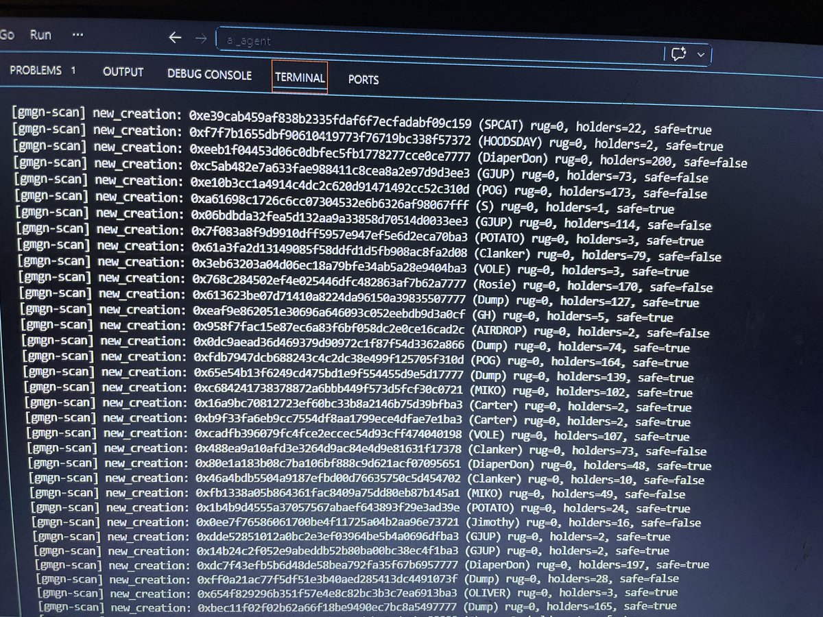 apex7ag's tweet photo. Live scan on Robinhood Chain right now. New tokens come in → rug check + holder count + safety flags run immediately. safe=false or low holders = skipped. Only the ones that pass reach any agent strategy. This is the part most people never see. Check out https://t.co/U8mdLUaufn