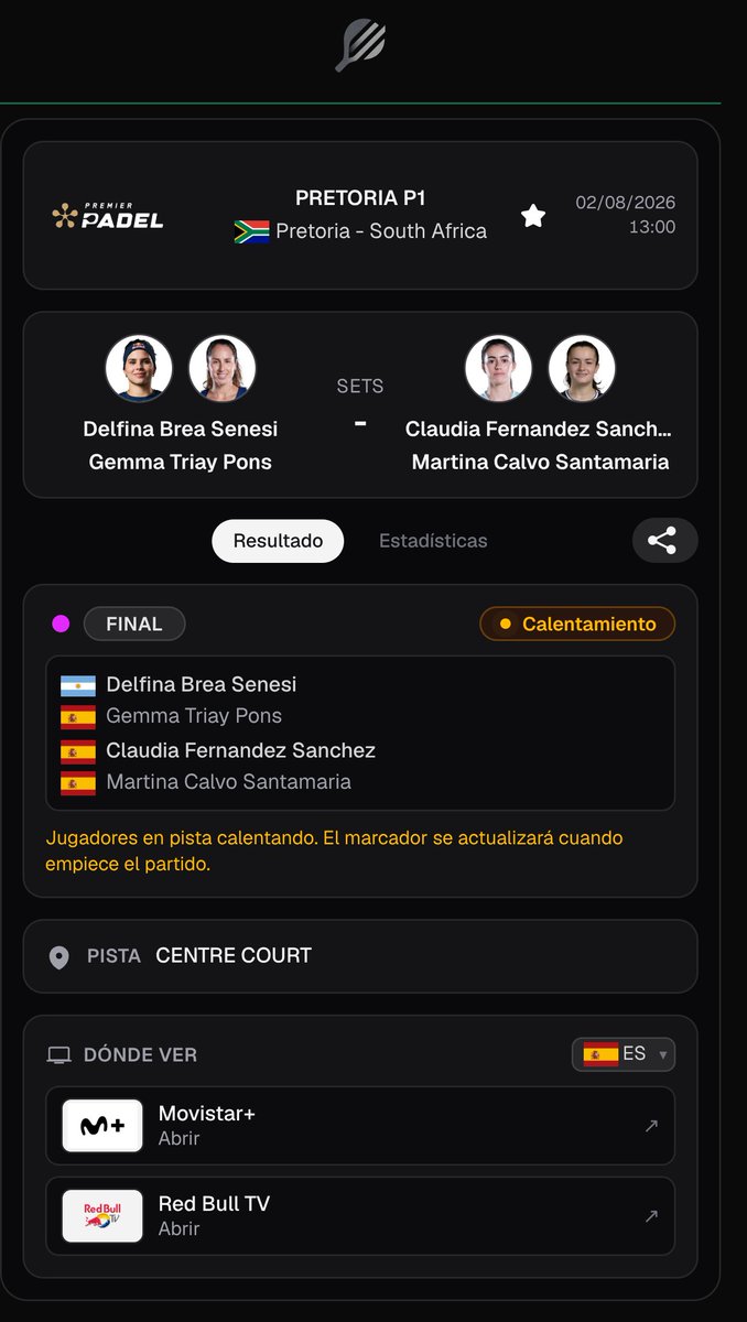 PadelscoreApp's tweet photo. 🔴 FINAL EN DIRECTO · LIVE
Delfina Brea Senesi / Gemma Triay Pons vs Claudia Fernandez Sanchez / Martina Calvo Santamaria
🏆 PRETORIA P1 · Final
#Brea #Triay #PretoriaP1 #PremierPadel https://t.co/342bQZb4N3