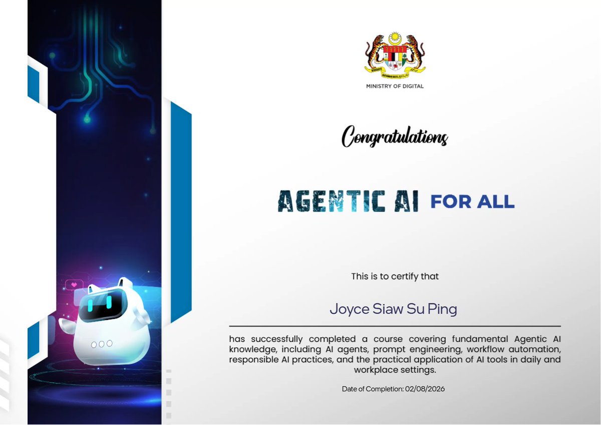 JoyceSiaw's tweet photo. I'm thrilled to share that I have successfully completed the 'Agentic AI for All' course! This has been a wonderful opportunity to enhance my skills and knowledge through Rakyat Digital. Give it a try yourself! Start your journey here: https://t.co/L4rpUyio4u #Continouslearning https://t.co/zCnZkbNKHd