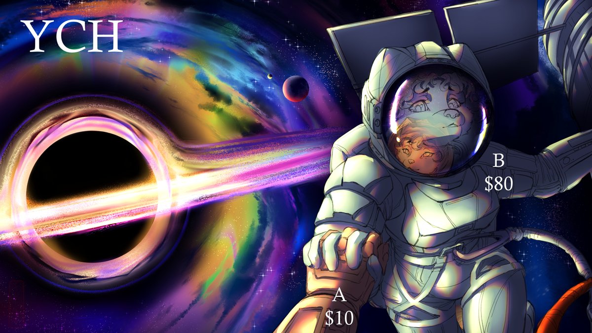 TsupaKara's tweet photo. YCH "Don't take your eyes off me" 🌌
Gender: any
Type: any
Clothes: any
Fix price
Slot A - $10
Slot B - $80
Contact me: Discord - tsupakara
Payment via https://t.co/ah0wSQulvu 
Payment via PayPal
#ych #furry #furryart #art #anthro #space #galaxy
#blackhole https://t.co/YRUf0JaBqA