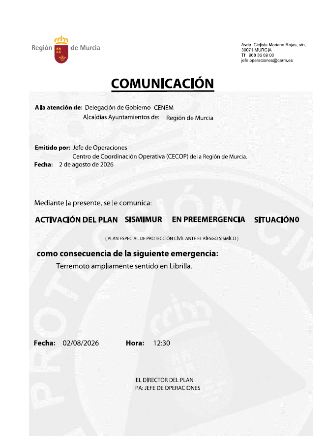 112rmurcia's tweet photo. Activado #PlanSISMIMUR en preemergencia por movimiento sísmico y actualización de datos:  epicentro en Pliego, magnitud 4.1

🚨https://t.co/4hw2DMnJej https://t.co/XeB4vFmiMY