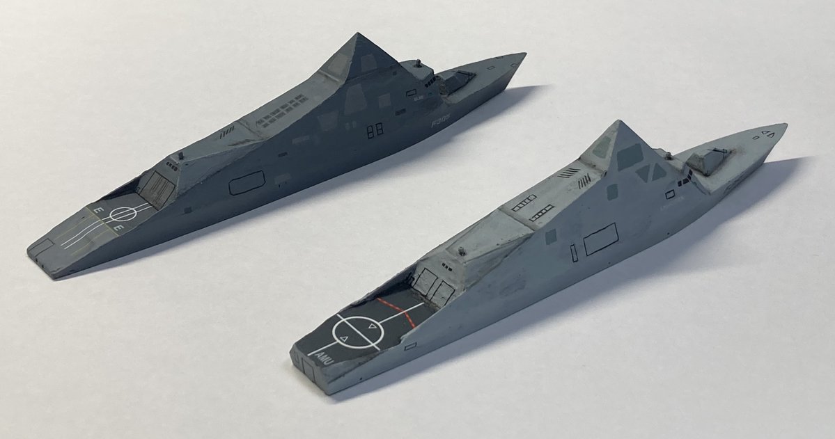 MMW_miko's tweet photo. 架空艦「ユーロ・フリゲート2050」をつくりました！

ときに2050年代、次世代フリゲートを開発する「EF計画」にもとづき、欧州各国が基本設計を共有しつつ多種多様なバリエーションを展開。
その一例が、ドイツ海軍 F305エルベと王立ノルウェー海軍 F385アムンセンであります。 https://t.co/fsmb9tVPYM