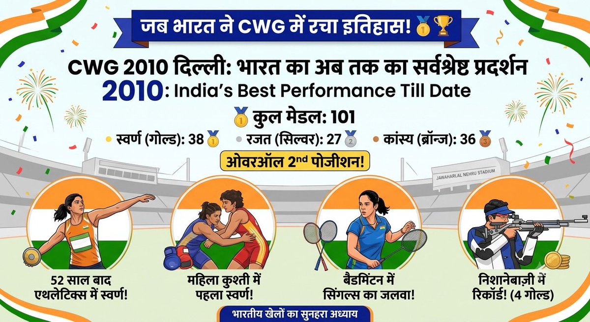 Drcransi's tweet photo. 101 मेडल। 38 गोल्ड। एक ऐतिहासिक पल! 🇮🇳✨
क्या आपको याद है 2010 का वो दौर, जब भारत ने Commonwealth Games में अपना अब तक का सबसे बड़ा रिकॉर्ड बनाया था?
अपने देश की मिट्टी पर हमारे एथलीट्स ने वो कर दिखाया, जिसकी गूंज आज भी सुनाई देती है! https://t.co/G0w0lumrJz
