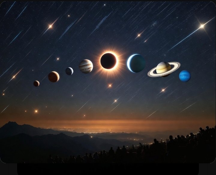 surrealistnot's tweet photo. Dikkat! 🔴‼️

Dünya tarihi böyle bir olaya şahit olmadı
Bu bir milat!

12 Ağustos 2026'da;

✅️Sabah 6 gezegen; Jüpiter, Merkür, Mars, Uranüs, Satürn ve Neptün hizalanıyor;

✅️Gündüz tam Güneş tutulması, 

✅️Geceyse Perseid meteor yağmurunun zirve günü

Gökyüzü delirecek! https://t.co/THUfX36koH