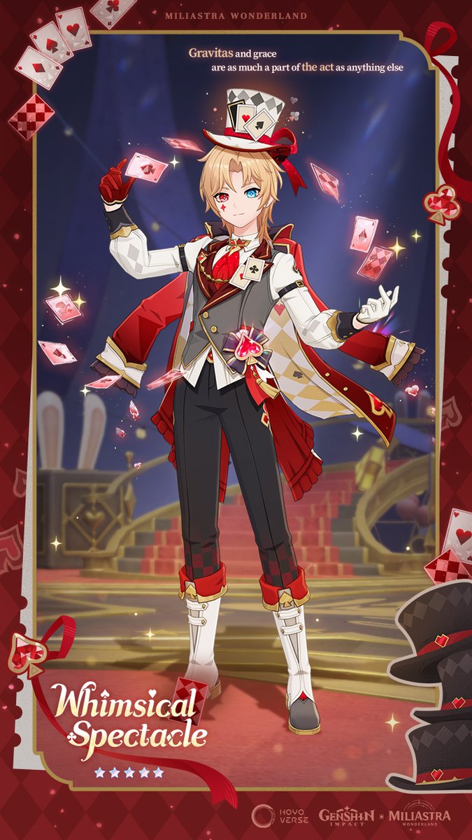 GenshinImpactMW's tweet photo. Version 7.0 - Event Ode Legendary Cosmetics
#GenshinImpact #GenshinImpactMiliastraWonderland #WhimsicalSpectacle #PhantasmagoricDiscourse

★ Legendary Cosmetic | Whimsical Spectacle
Master illusionists bent on "deceiving the very stars" once wore these formal costumes onto the most exalted stages, with gravitas and grace as much a part of the act as anything else.

★ Legendary Cosmetic | Whimsical Spectacle: Sugarcube Sleight
An Ascended Whimsical Spectacle set.
Master illusionists bent on "deceiving the very stars" once wore these formal costumes onto the most exalted stages, with gravitas and grace as much a part of the act as anything else.
——————
How to Obtain: During the event, Travelers can obtain this Legendary (5-Star) Cosmetic through the limited-time event ode "Phantasmagoric Discourse."
*Manekin cosmetics and actions are for reference only. Please refer to the actual in-game appearance.