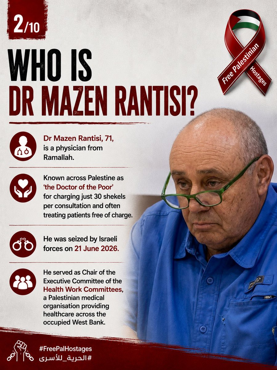 RedRibbonsCmpn's tweet photo. Dr Mazen Rantisi's testimony exposes the conditions faced by Palestinian hostages inside Israeli prisons: overcrowding, medical neglect, violence and degrading treatment.
Their voices must be heard. Their freedom must not be forgotten.
#FreePalHostages #الحرية_للأسرى https://t.co/Wmjdz4qszM