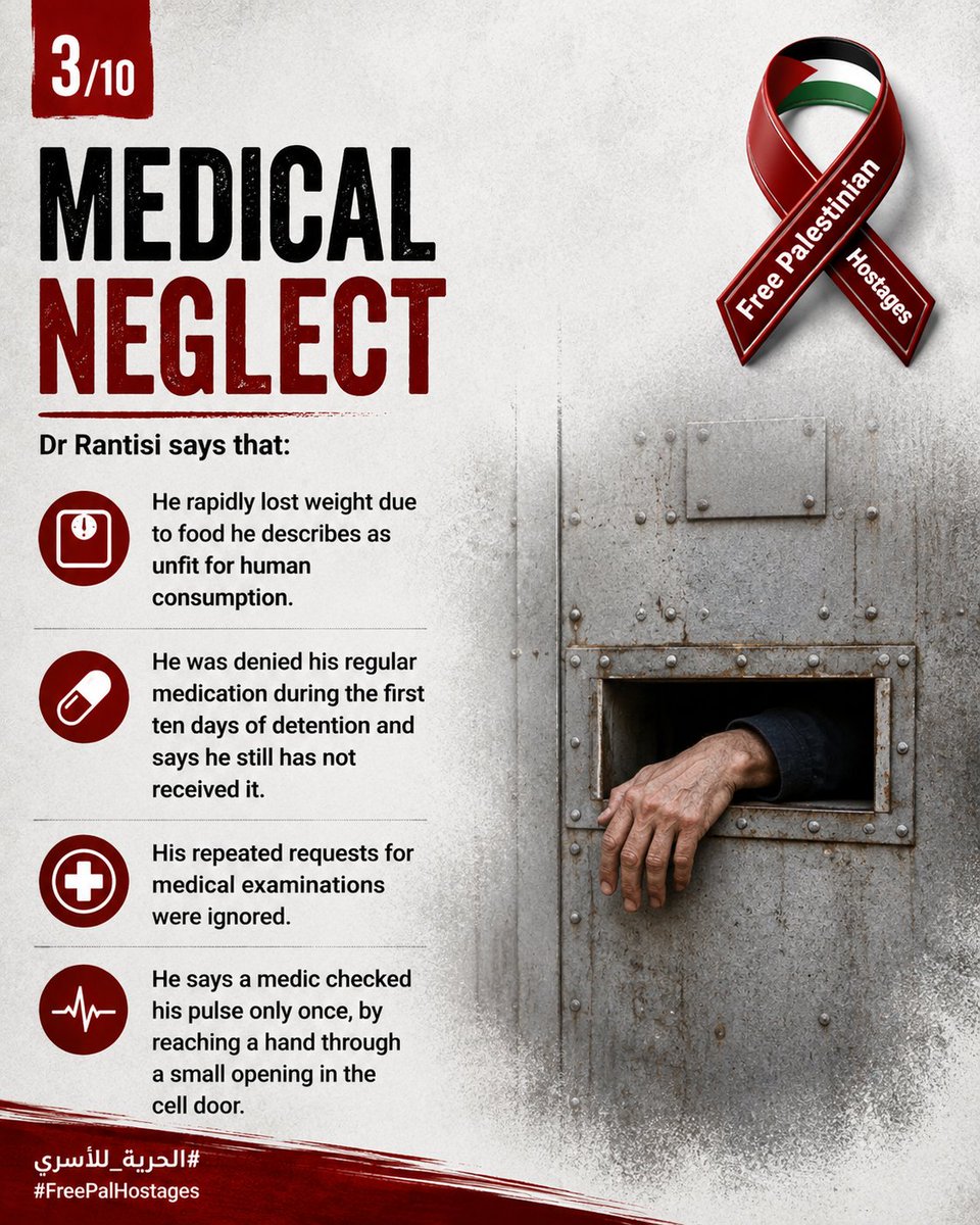 RedRibbonsCmpn's tweet photo. Dr Mazen Rantisi's testimony exposes the conditions faced by Palestinian hostages inside Israeli prisons: overcrowding, medical neglect, violence and degrading treatment.
Their voices must be heard. Their freedom must not be forgotten.
#FreePalHostages #الحرية_للأسرى https://t.co/Wmjdz4qszM