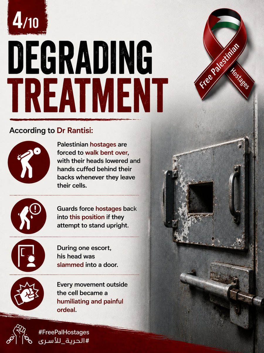 RedRibbonsCmpn's tweet photo. Dr Mazen Rantisi's testimony exposes the conditions faced by Palestinian hostages inside Israeli prisons: overcrowding, medical neglect, violence and degrading treatment.
Their voices must be heard. Their freedom must not be forgotten.
#FreePalHostages #الحرية_للأسرى https://t.co/Wmjdz4qszM