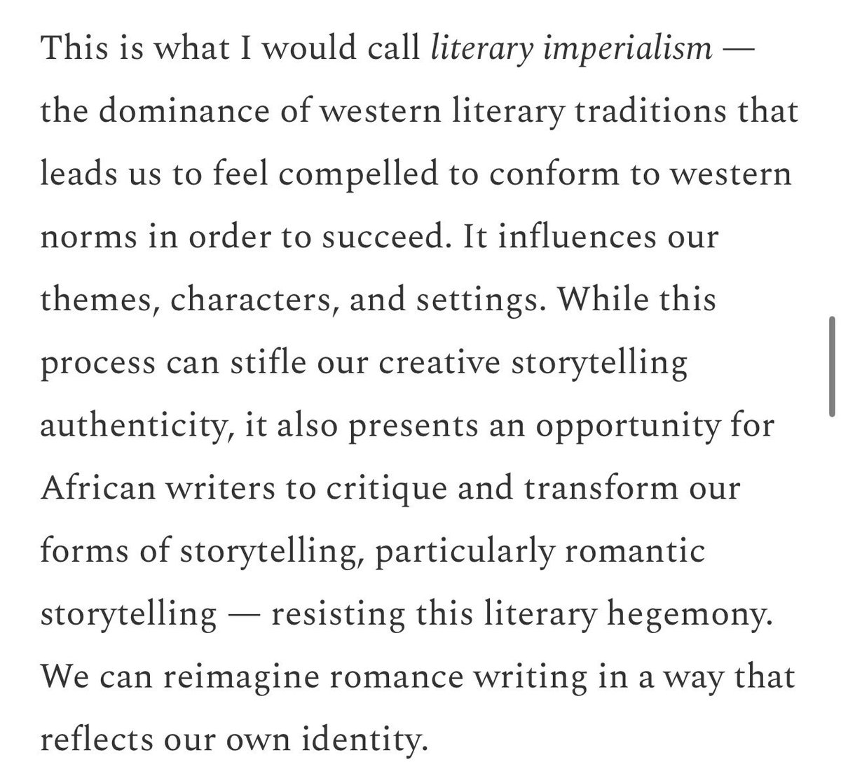 du_peee's tweet photo. I’ve got A LOT to say about this. I wrote about it for @brittlepaper From an essentialist perspective African writers often write romance through western gaze because they assume  western ideals of love are universal or essential to a successful human experience. This also leads to a belief that commercial success can only be achieved by meeting western standards. I would love to hear from more romantic writers and romance lovers in general. What is loving in the African way?
