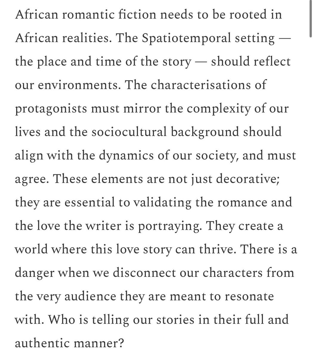 du_peee's tweet photo. I’ve got A LOT to say about this. I wrote about it for @brittlepaper From an essentialist perspective African writers often write romance through western gaze because they assume  western ideals of love are universal or essential to a successful human experience. This also leads to a belief that commercial success can only be achieved by meeting western standards. I would love to hear from more romantic writers and romance lovers in general. What is loving in the African way?