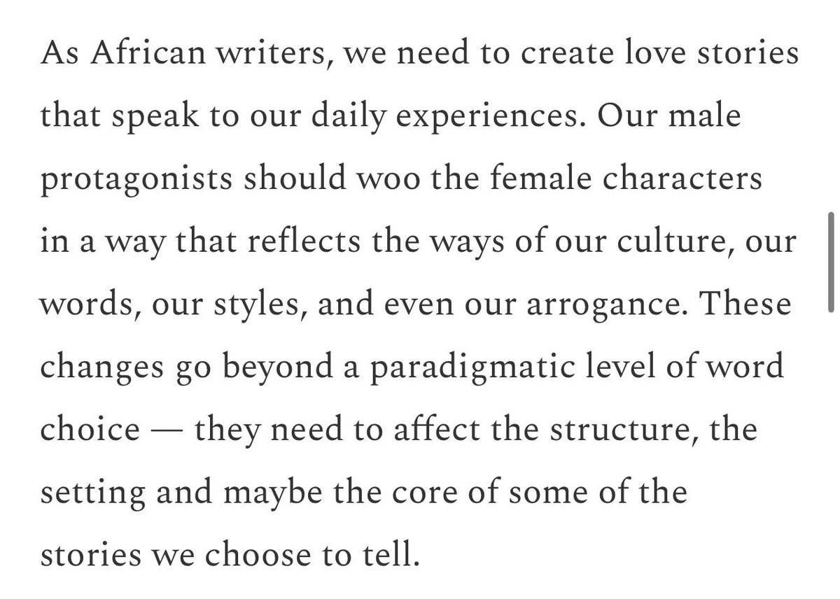du_peee's tweet photo. I’ve got A LOT to say about this. I wrote about it for @brittlepaper From an essentialist perspective African writers often write romance through western gaze because they assume  western ideals of love are universal or essential to a successful human experience. This also leads to a belief that commercial success can only be achieved by meeting western standards. I would love to hear from more romantic writers and romance lovers in general. What is loving in the African way?