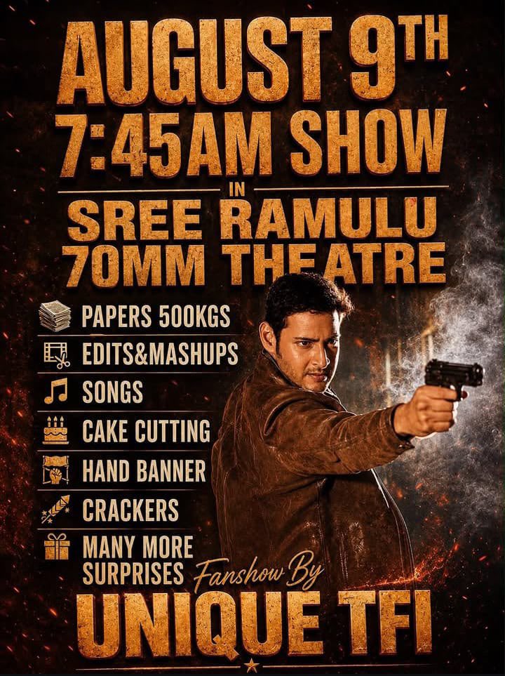 Suryafrommumbai's tweet photo. #Dookudu4K Fans Shows List

1. Sudarshan 35mm 
Aug 9th 8am
2. Sree Ramulu 70mn
Aug 9th 7:45am
3. Sri Sai Ram 70mm
Aug 9th 7:30am
4. Konark Theater
Date and time yet to be announced 

@KukatpallyMBFC @CHINTALMBFC @LBNagarMBFC updates soon… https://t.co/Or05yCEhu7