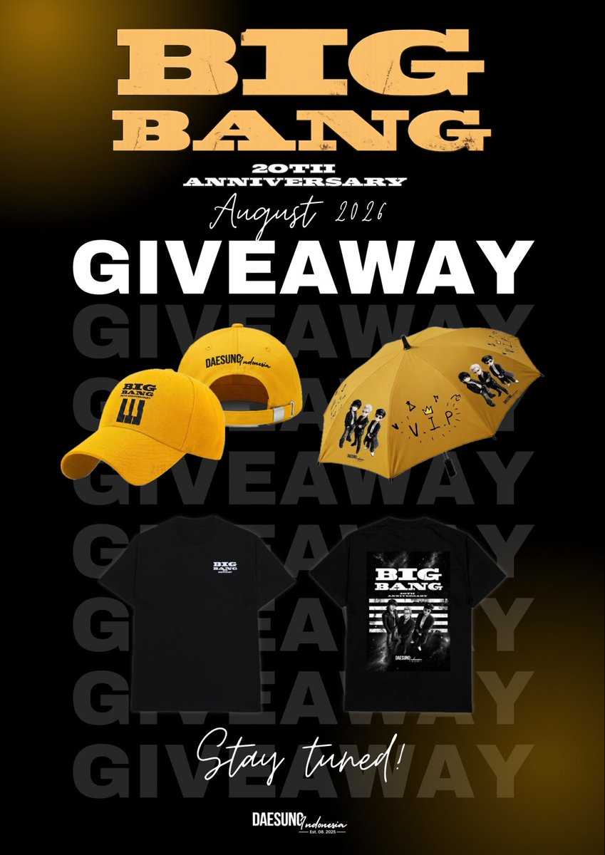 Daesung_IDN's tweet photo. 🎉 BIGBANG 20TH ANNIVERSARY GIVEAWAY 🎉

To celebrate BIGBANG’s 20th Anniversary, Daesung Indonesia is giving back to our fellow https://t.co/kXnfDxiaCH! 💛

🎁 All prizes are fan-made merchandise (not official merchandise).

Open this thread for the details 👇 https://t.co/H0d76I9FvO