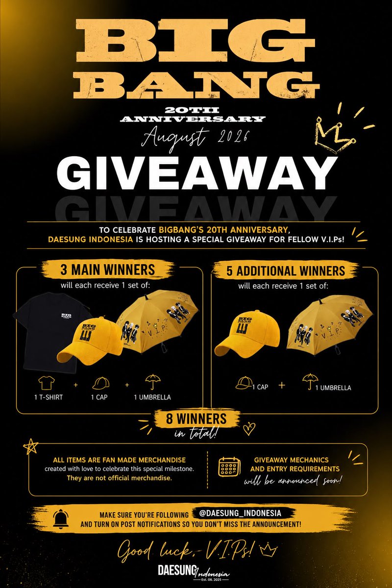 Daesung_IDN's tweet photo. 🎉 BIGBANG 20TH ANNIVERSARY GIVEAWAY 🎉

To celebrate BIGBANG’s 20th Anniversary, Daesung Indonesia is giving back to our fellow https://t.co/kXnfDxiaCH! 💛

🎁 All prizes are fan-made merchandise (not official merchandise).

Open this thread for the details 👇 https://t.co/H0d76I9FvO