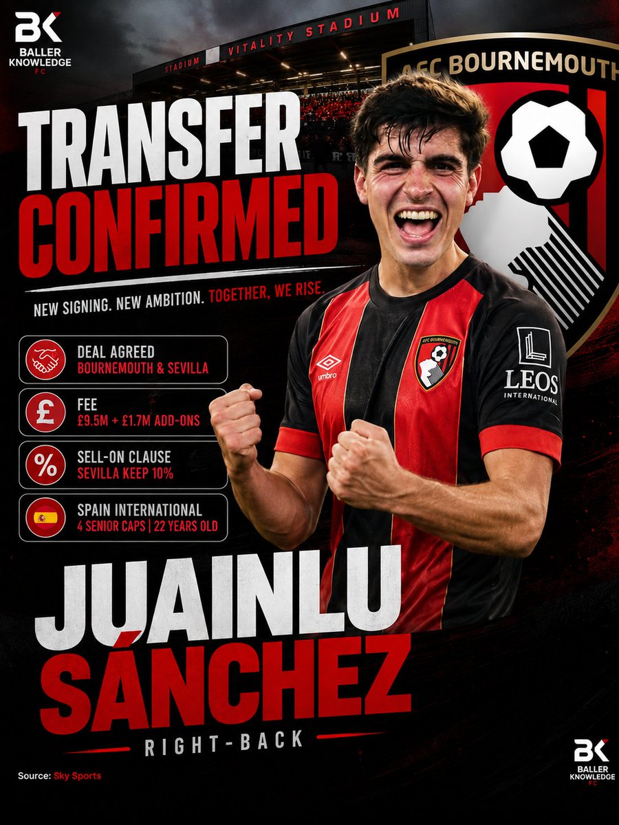 BallrKnowldgeFC's tweet photo. 🚨 TRANSFER NEWS: Bournemouth have agreed a deal with Sevilla to sign Juanlu Sánchez 🇪🇸🍒
💰 £9.5m + £1.7m add-ons 📈 Sevilla keep a 10% sell-on clause 🇪🇸 Spain international, 22
Smart business by Bournemouth? 👀👇 #AFCB #TransferNews https://t.co/2QfDTFQQUw