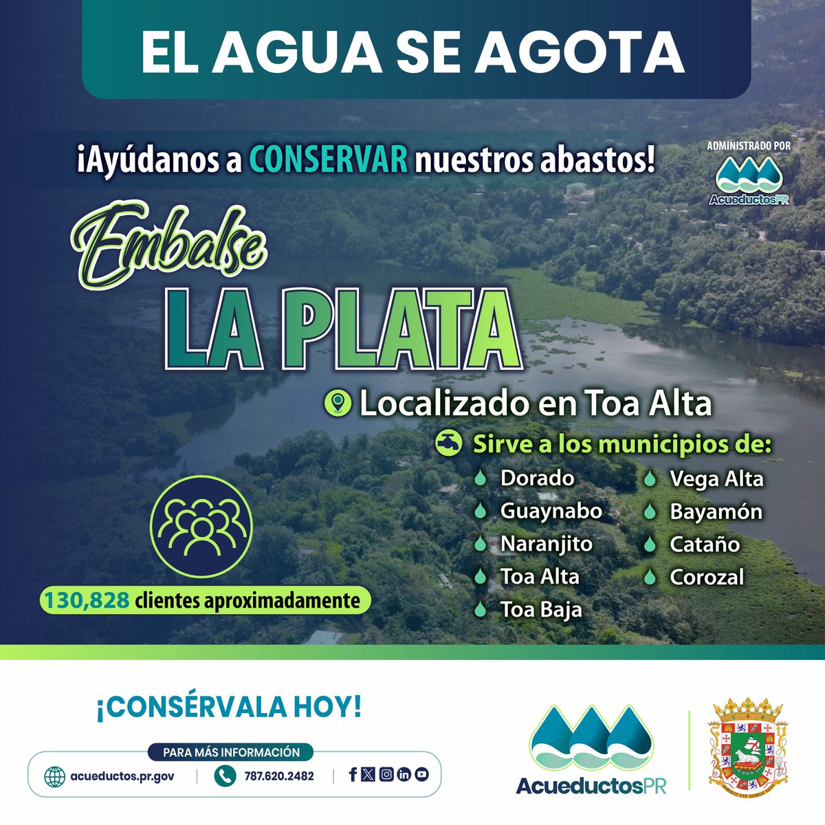 AcueductosPR's tweet photo. #ConoceTuEmbalse | La Plata

Uno de los embalses que más municipios sirve en la Isla no es Carraízo — es La Plata, en Toa Alta, que abastece a más de 130,000 clientes en nueve municipios. 💧 Si vives en esta zona, esta es tu fuente de agua. Cuídala.

#ElAguaSeAgota #ConsérvalaHoy https://t.co/7vLM9Y8o7Z