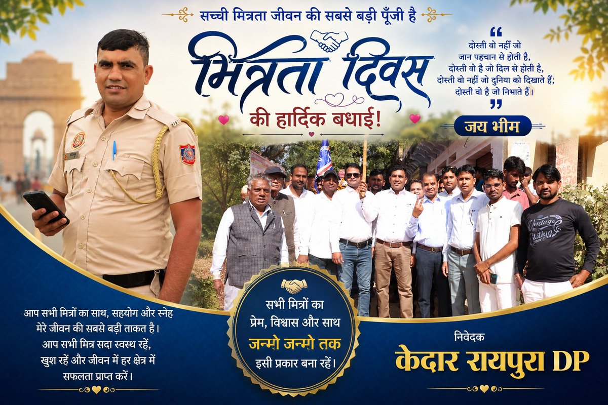 pkedar804's tweet photo. *मित्रता दिवस की हार्दिक बधाई!* 💐

*"सच्ची मित्रता जीवन की सबसे बड़ी पूँजी है"* 

*केदार रायपुरा DP*  
#FriendshipDay #MitrataDiwas #JaiBhim #Dosti #TrueFriends #ANESFoundation #Raipura #KedarRaipura #bhaichara #highlight https://t.co/G46DEjp6zu