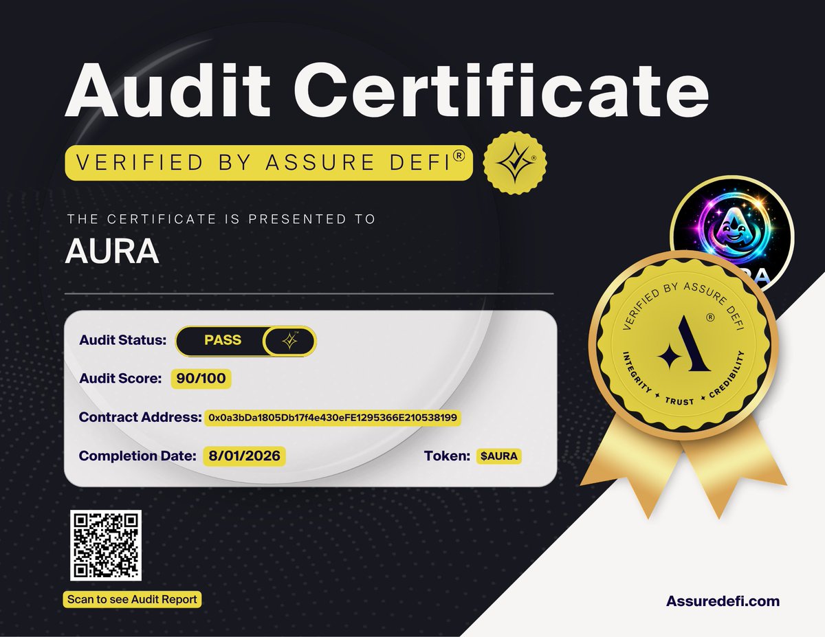 AssureDefi's tweet photo. We are happy to announce that AURA has Completed the Audit for their SmartContract ✨✅

@AuraOnBnb  I $AURA

Aura ($AURA) is a next-generation hybrid token designed to bridge the gap between internet culture and sustainable DeFi utility. They believe that a truly successful token needs both a vibrant, energized community (the Vibe) and a tangible reason to hold (the Use Case).