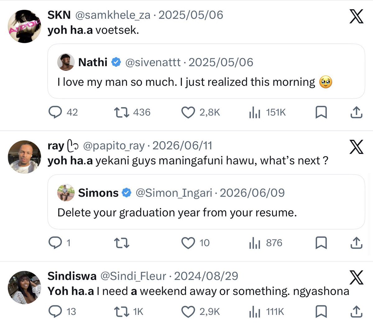 BALUCIAGA's tweet photo. she was saying “yoh ha.a”. south african exclamation for strong surprise, shock, excitement or disbelief. basically means, “wow!” “omg” “damn” depending on the context. https://t.co/KLU7hkmAWF