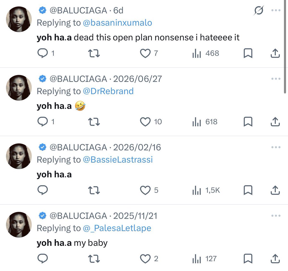 BALUCIAGA's tweet photo. she was saying “yoh ha.a”. south african exclamation for strong surprise, shock, excitement or disbelief. basically means, “wow!” “omg” “damn” depending on the context. https://t.co/KLU7hkmAWF