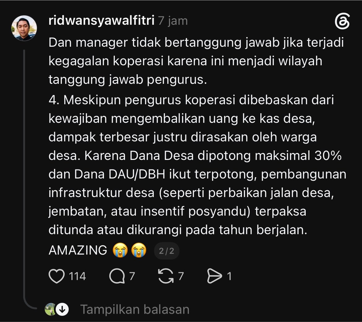 punkpinggiran's tweet photo. jadi kalau misalnya KDKMP “gagal” dalam menjalankan koperasi, maka yang harus menanggung pinjaman modal ke bank himbara itu desa? ini serius?

sekali lagi kita dipertontokan kedzaliman pemerintah yang sangat nyata:’) https://t.co/mVNsTzut2X