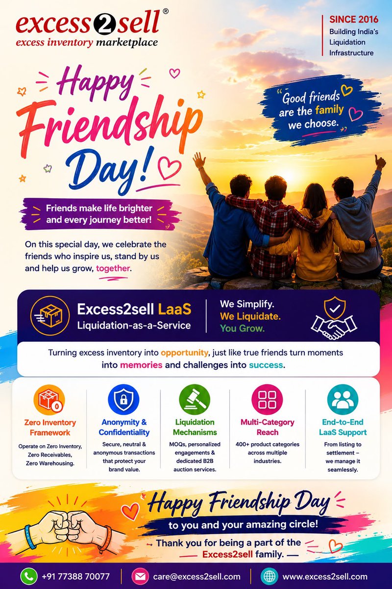 excess2sell's tweet photo. Relationships create opportunities. Trust creates lasting partnerships.
Happy #FriendshipDay from Team Excess2sell. 

#Excess2sell #Leadership #Partnerships https://t.co/NXb1UC1wC4