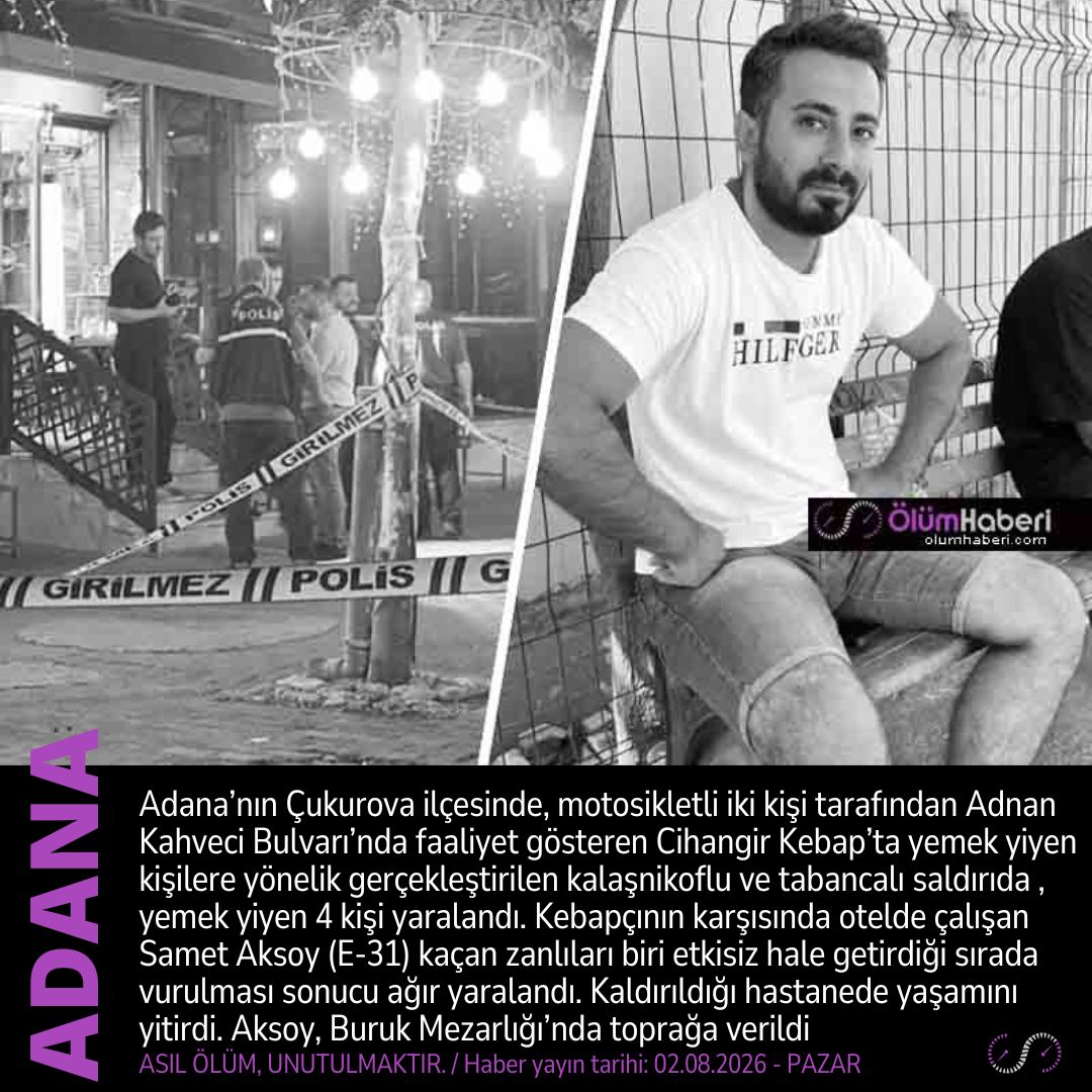 OlumHaberi's tweet photo. Samet Aksoy (E-31) Adana Çukurova’da, kebapçıya düzenlenen silahlı saldırıda yaşamını yitirdi.
https://t.co/newc9oKdcu
#SametAksoy #Adana #Cukurova #kebap #cinayet #vefat #cenaze #otel https://t.co/16RI5uzeIa