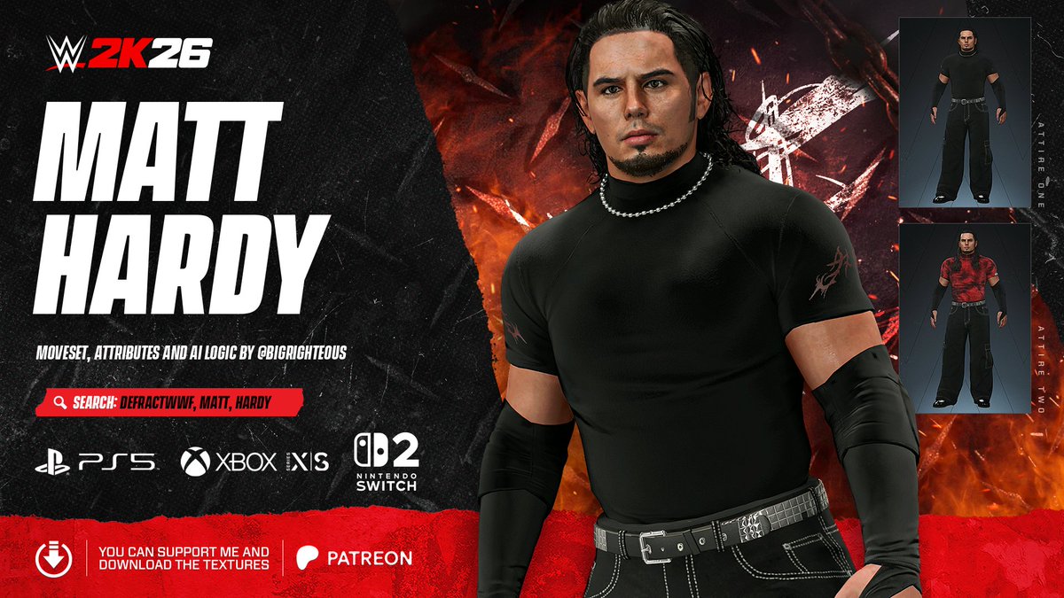 Defract's tweet photo. Matt Hardy is available to download now on PS5, Xbox Series consoles and Nintendo Switch 2.

Use the search tags: DEFRACTWWF, MATT, HARDY.   Thanks to Big Righteous for the Moveset, Attributes and AI logic!

Some DLC required - It's used for accuracy I won't be reupping without. https://t.co/R9JSokXYOH