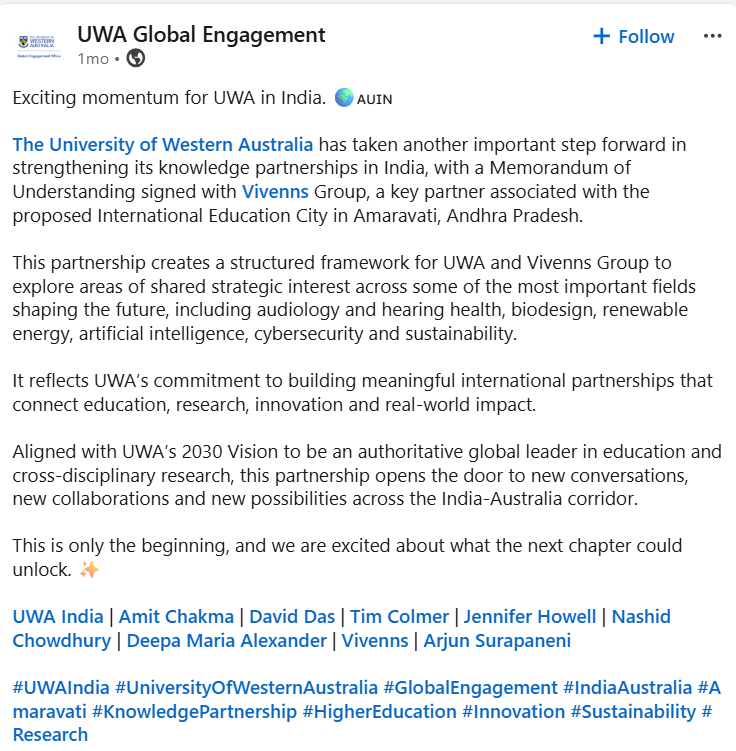 AP_AMV_Updates's tweet photo. University of  Western Australia signed MOU &amp; Partnership with Vivenns Group to establish a  International Education City in Amaravati, Andhra Pradesh

#AndhraPradesh #Amaravati https://t.co/0WVMQ708t5