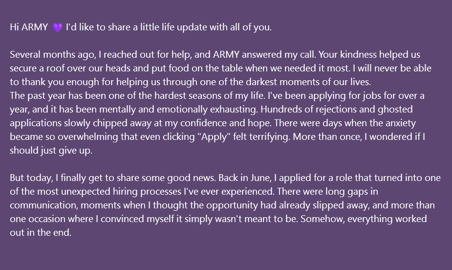purplelifewbts's tweet photo. I've been keeping this to myself for a few days, and I think I'm finally ready to share. Thank you, ARMY. 💜 https://t.co/AVszj99QQB