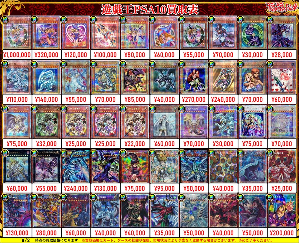 fukufuku_ygo's tweet photo. ✨遊戯王買取情報✨
#秋葉原　#遊戯王　#買取

PSA強化買取実施中！！
お持ち込みよろしくお願いします！！

ブラックマジシャンガール¥1,000,000 
(新)ブラックマジシャンガール¥320,000 
ブラックマジシャンガール¥120,000 
ブラックマジシャンガール¥100,000 
魔術師の弟子ブラックマジシャンガール¥80,000 
ブラックマジシャンガール¥60,000 
ブラックマジシャンガール¥55,000 
ブラックマジシャン¥70,000 
ブラックマジシャン¥30,000 
ブラックマジシャン¥28,000 
青眼の白龍¥110,000 
青眼の白龍¥140,000 
青眼の白龍¥55,000 
青眼の白龍¥70,000 
(新)真紅眼の黒竜¥85,000 
真紅眼の黒竜¥40,000 
女剣士カナン¥270,000 
暗黒騎士ガイア¥240,000 
ヂェミナイエルフ¥70,000 
お注射天使リリー¥60,000 
誇りと魂の龍¥75,000 
結束と絆の魔導師(緑)¥32,000 
結束と絆の魔導師(黄)¥25,000 
結束と絆の魔導師(赤)¥25,000 
結束と絆の魔導師(橙)¥22,000 
白き乙女¥60,000 
誇りと魂の究極竜¥70,000 
青眼の究極竜¥30,000 
結束と絆の超魔導剣士¥75,000 
青眼の究極霊竜¥70,000 
超究極魔導竜王¥60,000 
(新)No107銀河眼の時空竜¥55,000 
白き幻獣青眼の白龍¥240,000 
王のしもべブラックマジシャン¥130,000 
ガガガガールゼロゼロコール¥75,000 
始まりの神ファーラ¥95,000 
蒼の深淵ディープアイズホワイトドラゴン¥50,000 
増殖するクリボー!¥40,000 
機光竜サイバードラゴン¥35,000 
倶利伽羅天童¥25,000 
黒き混沌の魔術師ブラックカオス¥130,000 
光と闇の戦士カオスソルジャー¥80,000 
混沌の三幻魔¥60,000 
究極竜魔導師¥40,000 
超魔導竜騎士ドラグーンオブレッドアイズ¥40,000 
FHEROフレイムウィングマン¥35,000 
スターダストドラゴンヴィクテムサンクチュアリ¥50,000 
スカーレッドノヴァドラゴンバーニングソウル¥40,000 
サイバースコントラクトウィッチ¥50,000 
黒魔導のカーテン¥200,000