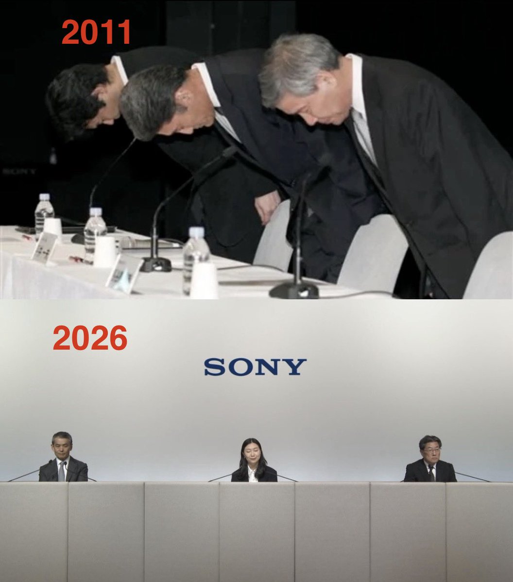 GiveMeBanHammer's tweet photo. Sony Execs after the 2011 PSN attack by outsiders: Public apology and bow

Sony Execs in 2026 after their decisions angered lots of its customers: literally looking down on everyone as they tell you to suck it up and shut up.

Reminder Sony and PlayStation do not care about you. https://t.co/sstVkHlSgD