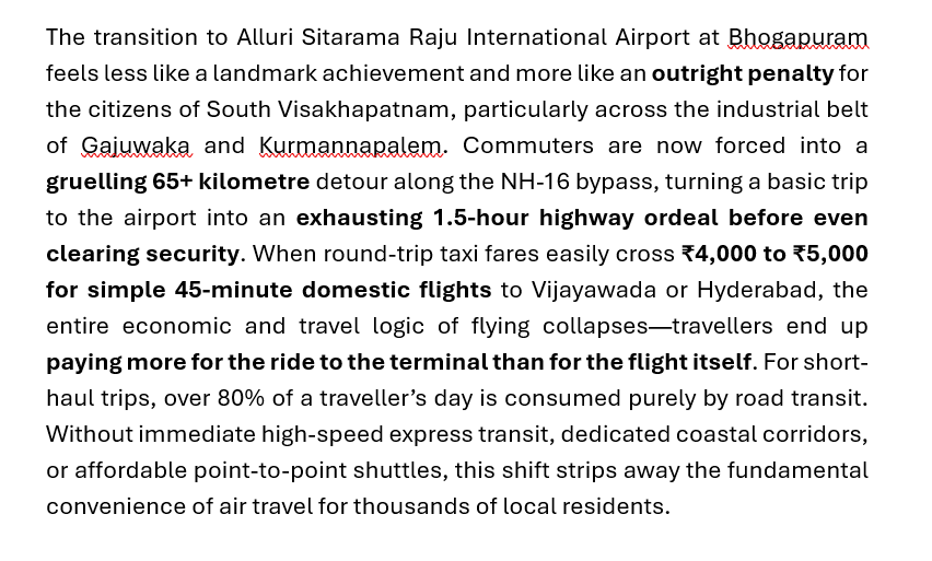 mahikrrish's tweet photo. Shift to ASR Airport is pure punishment for Gajuwaka/Steel Plant residents. Spending 1.5 hrs &amp; ₹4k+ in cabs just for a 45-min flight to HYD/VGA is absurd! Flying is no longer a convenience here, it’s a penalty. We need fast transit.
@narendramodi @ncbn @PawanKalyan @RamMNK https://t.co/UhaE1M9E07