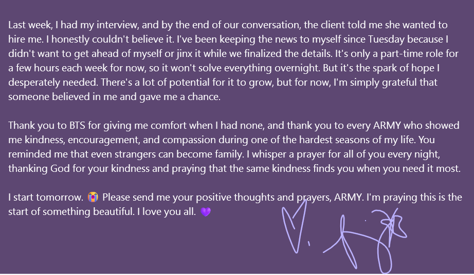 purplelifewbts's tweet photo. I've been keeping this to myself for a few days, and I think I'm finally ready to share. Thank you, ARMY. 💜 https://t.co/AVszj99QQB