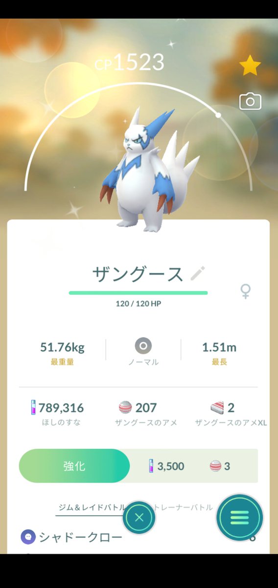 kimagure300's tweet photo. 今ポケGO開いたら、色ちでたぁ！
ザングース青きたぁ！コミュ以外でひっさびさ。個体数はイマイチだがデカ子だし良しっ。！#ザングース　#色違い　#ポケモンGO https://t.co/HMB8hTh8K7